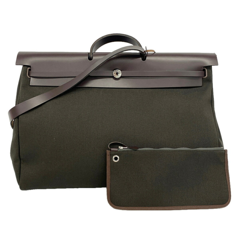 Hermes Herbag Zip 50 Handbag, Toile Military, Brown/Khaki, W Stamp, Men's/Wom...